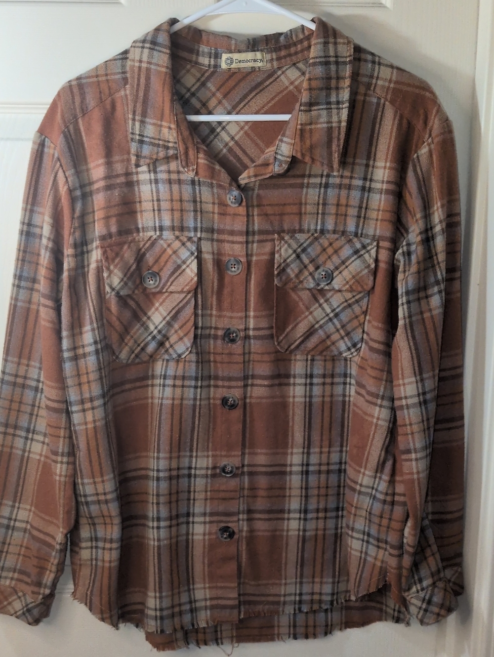 Democracy Plaid Button-Down Shirt in Rust, Brown and Cream